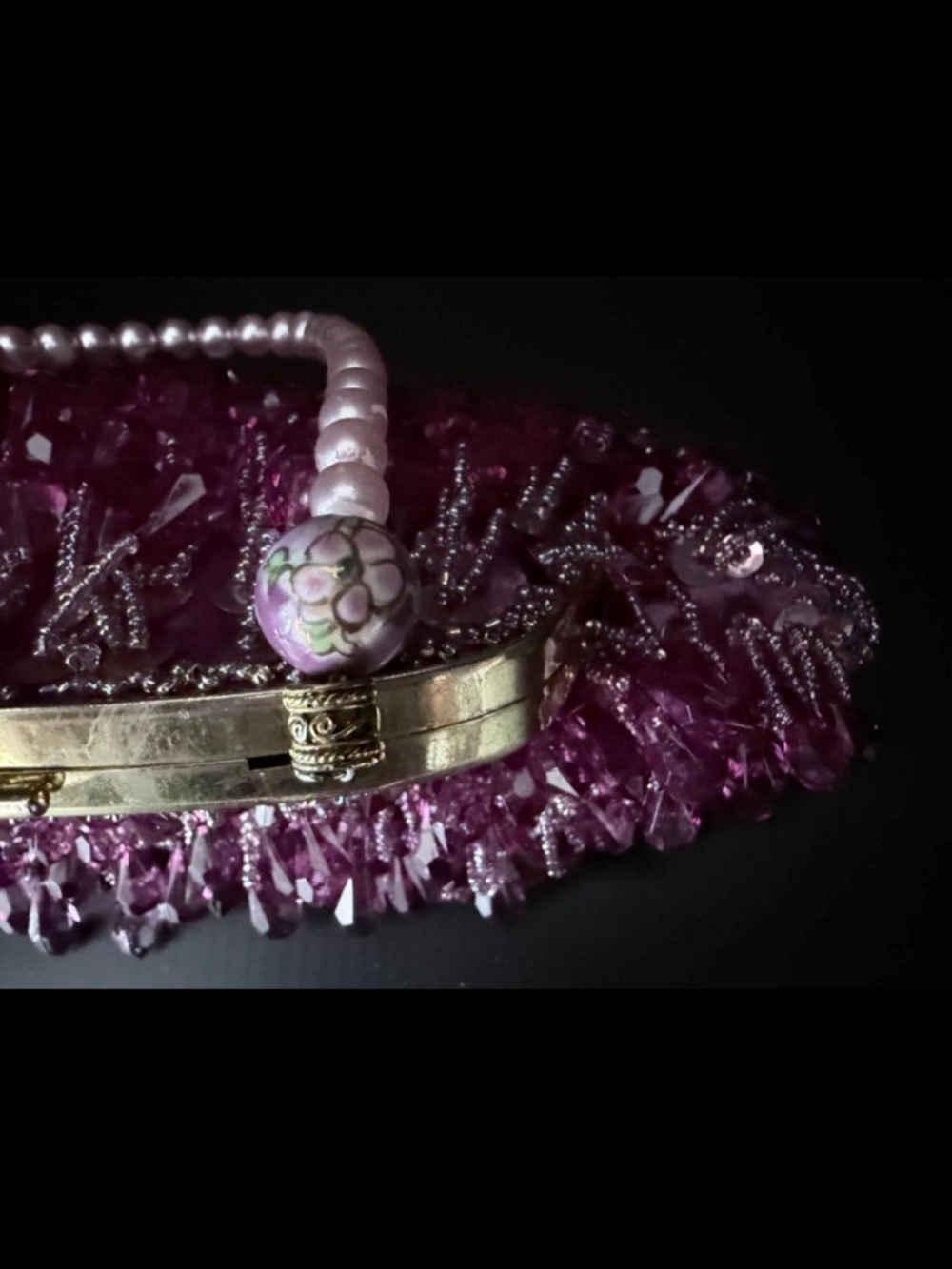 Vintage Lily Scott Lucite Beaded Evening Bag Plum Amethyst Pearl Handle - Picture 4 of 7
